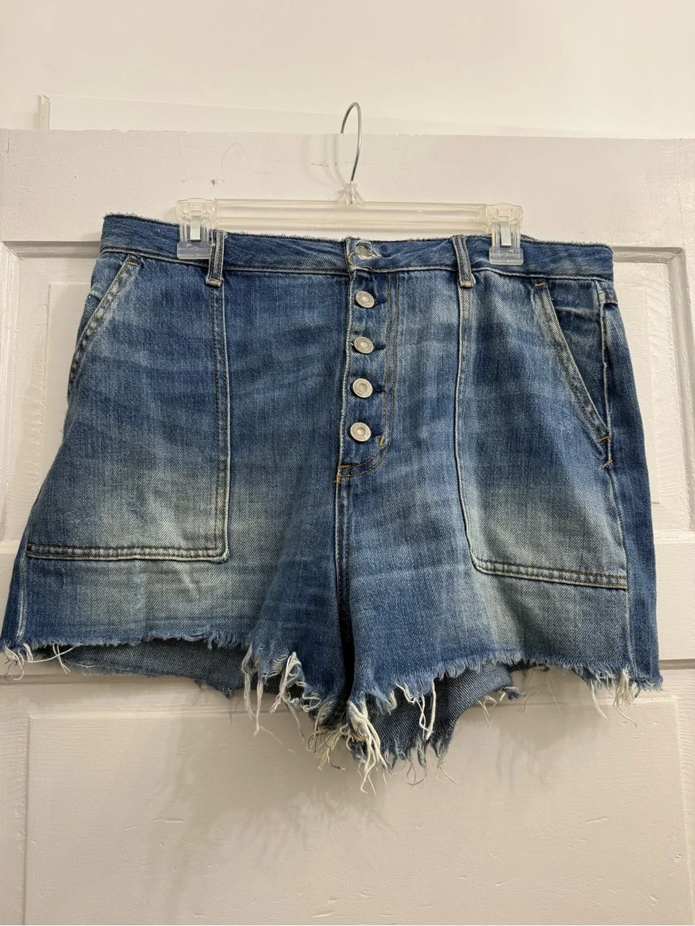 Free People Distressed Blue Button-Front Denim Shorts